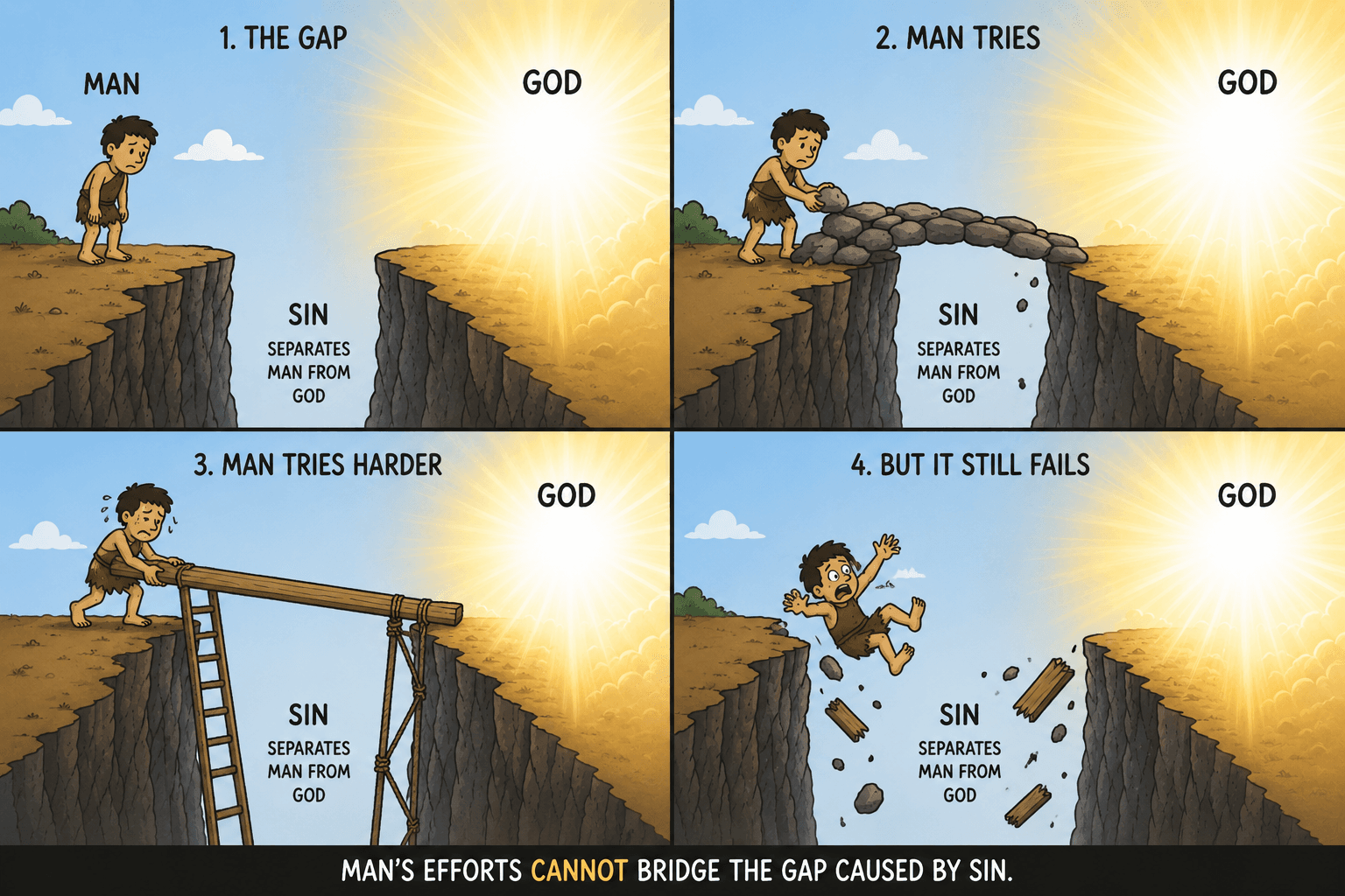 Man tries to bridge the gap through his own efforts but cannot reach God