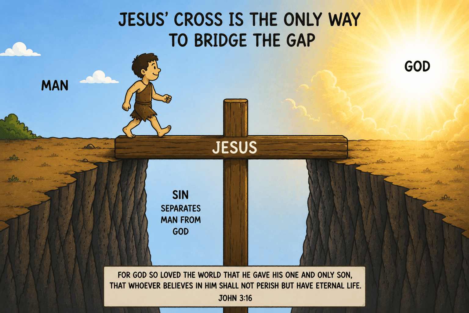 Man walking across the bridge to God through Jesus Christ